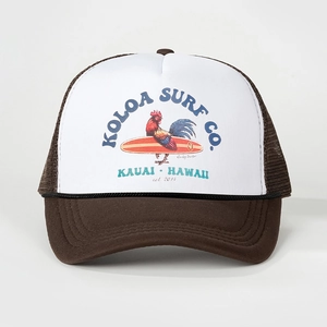 Classic Koloa Surf Co. trucker hat with mesh back and rooster graphic on white foam panel