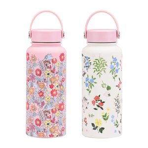 1L vacuum insulated sports bottle with floral print and ceramic liner in pink and white