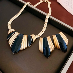 Vintage gold snake chain necklace and black enamel water drop earrings jewelry set