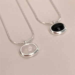 Minimalist 925 sterling silver oval necklaces with black onyx and white gemstone charms
