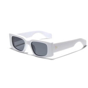 Y2K vintage square sunglasses with thick white frames and grey lenses in 45-degree view