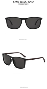Detail of sand black polarized sunglasses with textured arms and iconic side stripes