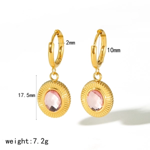 Detail view of gold sunburst earrings with pink oval zircon and dimension markings