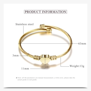 Detailed product information of golden stainless steel heart cable wire bangle with dimensions