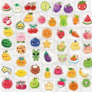 Cute waterproof PET stickers with colorful cartoon fruit and vegetable designs for journaling