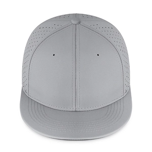 Light grey hip-hop flat brim hat featuring laser-cut breathable holes and stretch fit
