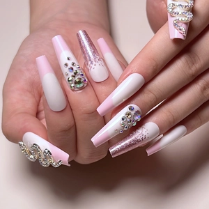 Long Coffin Press On Nails Pink White French Style Rhinestone Snake Charm Glitter False Nails For Women
