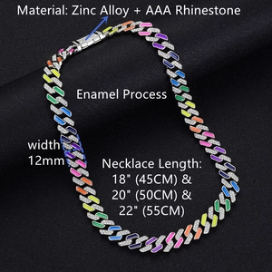 Detail of 12mm enamel cuban link chain with AAA rhinestones and sizing specifications