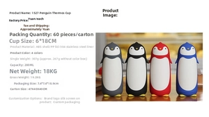 Detailed specs of 280ml penguin vacuum flask with 304 stainless steel interior