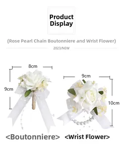 Ensemble boutonnière et corsage de poignet rose blanche avec perles et rubans de mariage
