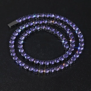 Macro view of 5mm purple round-cut zircon tennis necklace with black plated metal links
