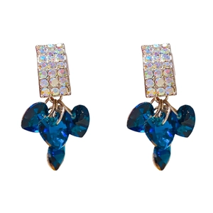 Elegant silver tassel earrings with square rhinestones and blue heart crystal pendants