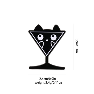 Detailed view of black cat martini glass enamel pin showing 3cm height and 2.4cm width