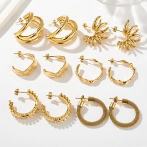 Geometric Hoop Earrings Stainless Steel Gold Plated Irregular Ripple Molten Texture Minimalist Fashion For Women