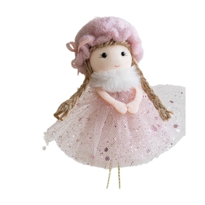 Pink Christmas angel girl doll with sequins tulle skirt and plush hat hanging ornament