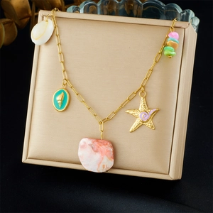 Collier Thème Océan En Acier Inoxydable Plaqué Or Avec Étoile De Mer Coquillage Perles Colorées Et Pierre Pour Femmes