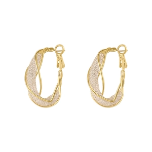 Twisted gold hoop earrings with sparkling zircon mesh inlay and smooth metallic finish