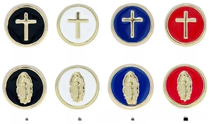 Detail view of 8 religious charms featuring enamel cross and Virgin Mary icons