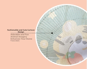 Close-up of fine mesh fan guard with cute orange tiger cartoon print for child safety