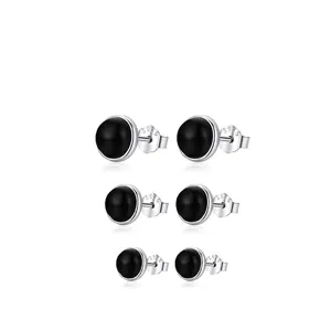 S925 Sterling Silver black agate stud earrings set in three sizes with polished silver finish