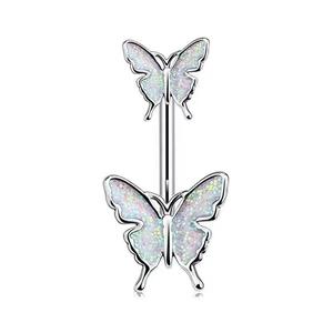 Detailed close-up of double butterfly belly ring with colorful glitter wings and silver finish
