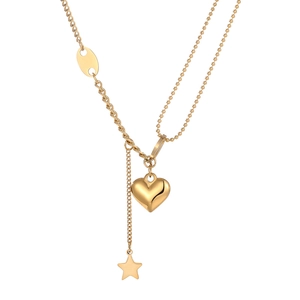 Asymmetrical gold-plated stainless steel chain necklace with heart and star pendants