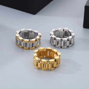Bagues hip hop 10mm en acier inoxydable style bracelet de montre, or, argent et bicolore