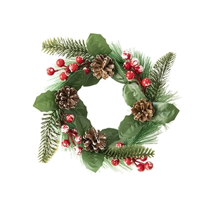 Christmas wreath with green pine needles, pine cones and red berries on white background