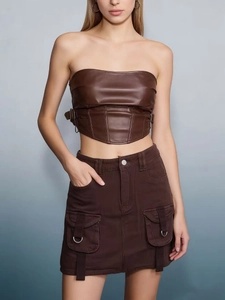 Women's brown PU leather two-piece set featuring a tube top and utility cargo mini skirt
