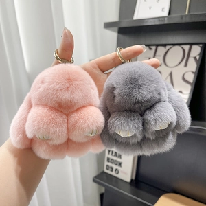 Cute pink and grey rex rabbit fur plush keychain pendants with gold metal hooks