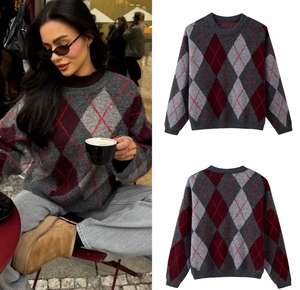 Close-up of vintage argyle knit sweater with diamond pattern and textured fabric details
