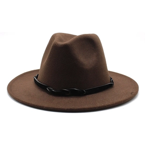 Classic dark brown wide brim wool fedora hat with a black woven band for men and women