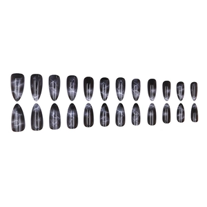 24pcs black marble almond press on nails with white ink smudge and glossy finish