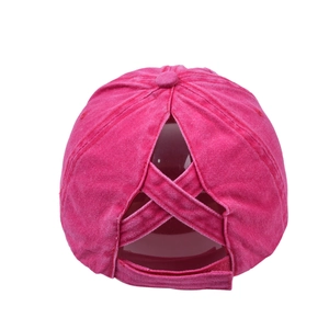 Vintage washed rose red baseball cap with criss-cross ponycap back for high ponytails