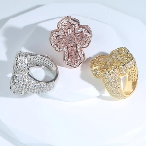 Hip hop cross rings for men with zircon stones in silver, gold, and rose gold finishes