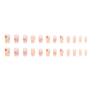 Detailed flat lay of 24 cute heart and cloud press-on nails with shiny finish