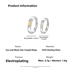 Technical specs for S925 sterling silver sun and moon couple rings with plating details