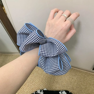 Blue and white gingham checkered scrunchie oversized fabric hair tie for women