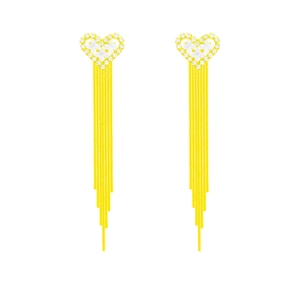 Elegant gold heart earrings with long fringe tassels and shimmering rhinestone accents