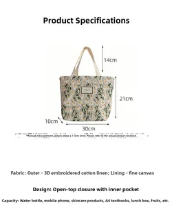 Detailed view of daisy embroidery and Pleasant Time label on cotton canvas tote bag