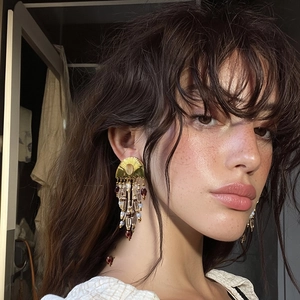 French vintage pearl tassel earrings with gold fan-shaped metal studs and crystals