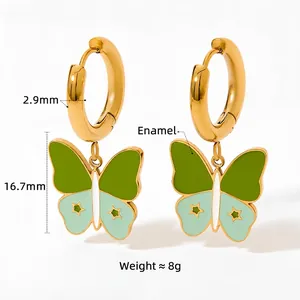 Cute green enamel butterfly earrings with gold hoops and weight specifications