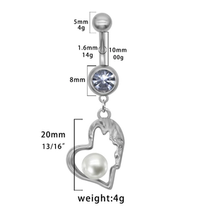 Detailed specs of heart navel ring with 10mm bar length and white pearl heart pendant
