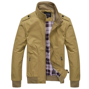 Men's khaki windproof jacket with plaid lining, stand collar and outdoor utility design