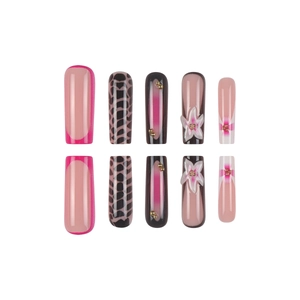 Pink marble press-on nails with 3D flowers, leopard prints, and glitter accents