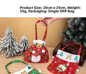 Detail of Santa Claus burlap gift bag with festive 3D patterns and gold bow, 20x25cm size