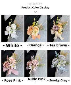 Six colors of vintage faux rose boutonnieres shown on grey wedding suit lapels