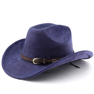 Detailed close-up of blue suede cowboy hat with brown braided leather band and buckle