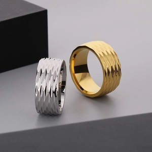 Minimalist 10mm wide diamond-cut textured rings in gold and silver finishes