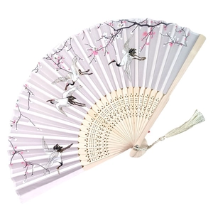 Chinese bamboo folding fan with crane and pink cherry blossom pattern and silk tassel